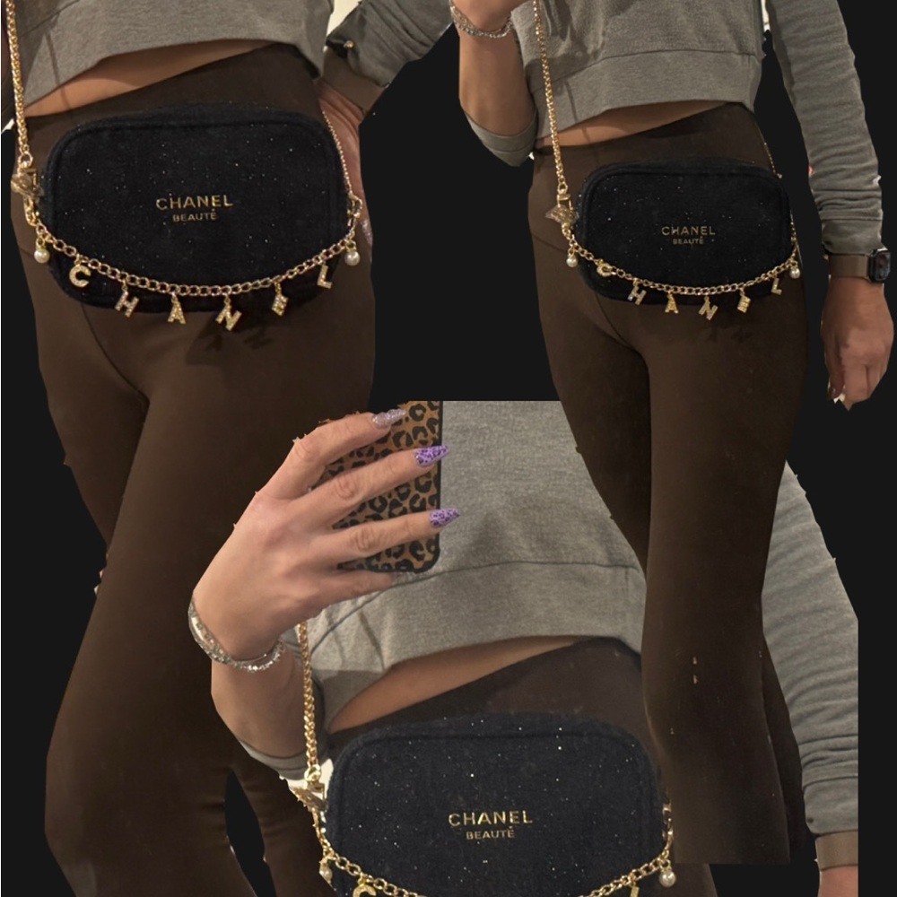 CHANEL Beauté Blue Tweed Cosmetic Bag Crossbody Gold Chain GWP Promo NIB - Picture 5 of 5